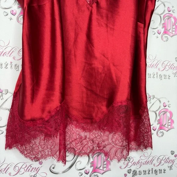 Victoria secret tank top lacie shimmer shiny silky Red Satin Lace Trim Cami Top - Picture 3 of 10